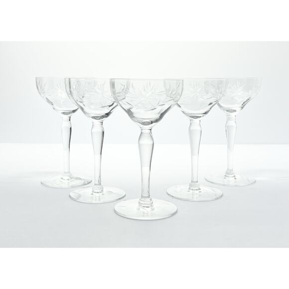 1950s Marion Glass 5 Etched Flower Optic Cocktail Liquor Glasses 5.25” 4oz C-365 - Picture 2 of 9